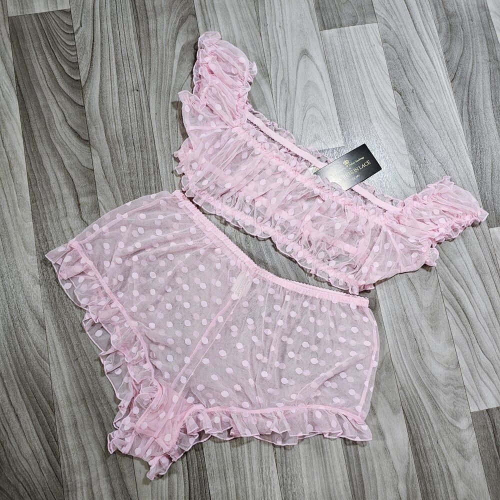 Secrets In Lace Pink Polka Dot Sheer Ruffle Lingerie Set Coquette Girl Size S